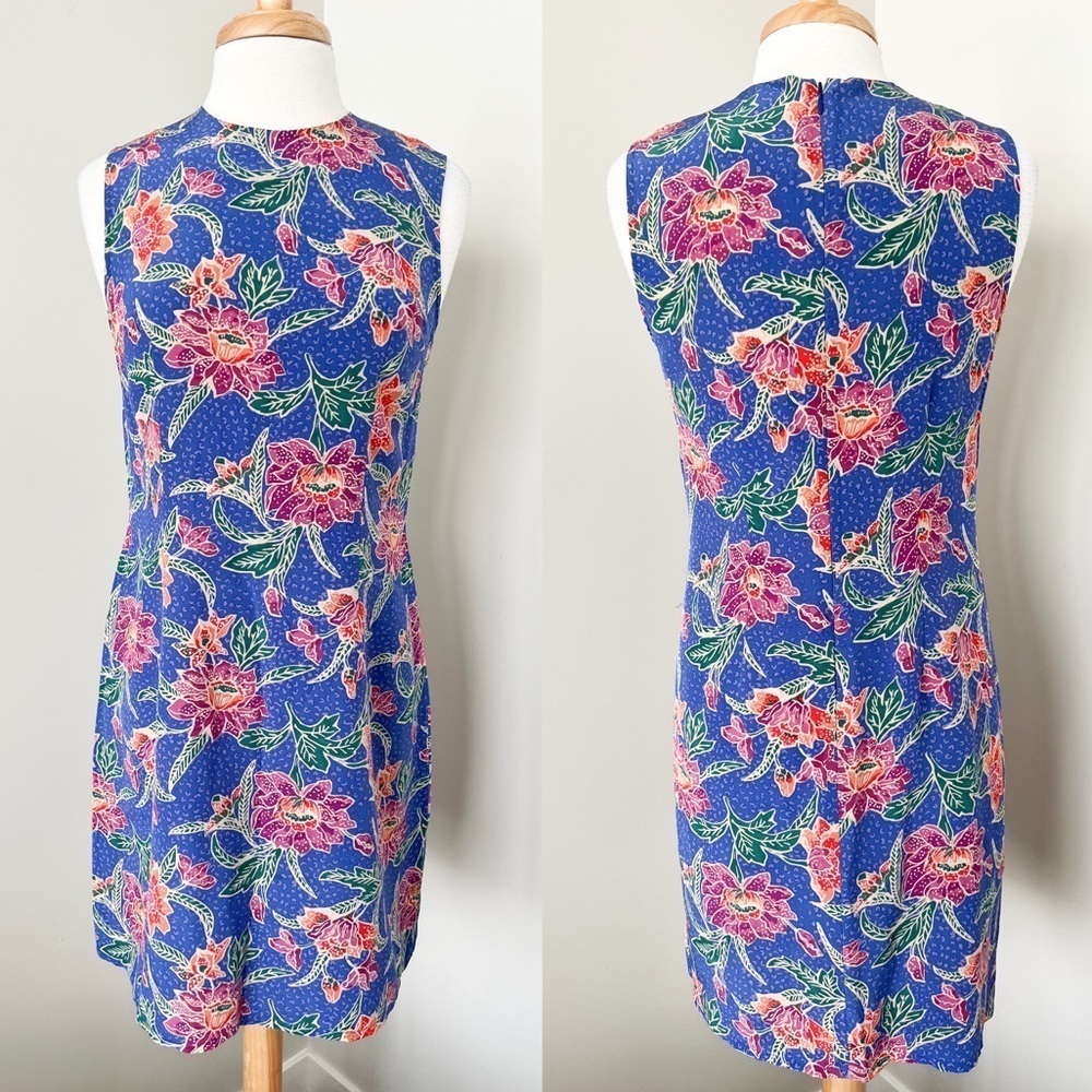Vintage Amanda Smith Blue Silk Floral Print Sheath Dress Tropical Vacation